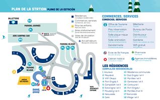 Plan de la station de Piau Engaly, parkings, commerces, services et résidences